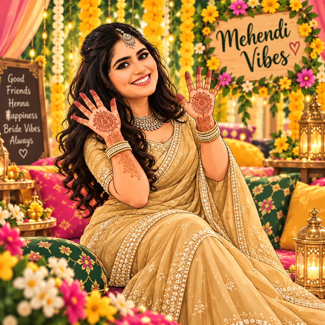 A traditional bride displaying intricate henna designs in a vibrant Mehendi setting