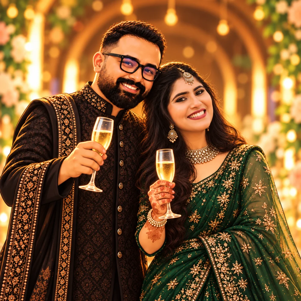 Gokul and Sivani smiling together at their reception celebration
