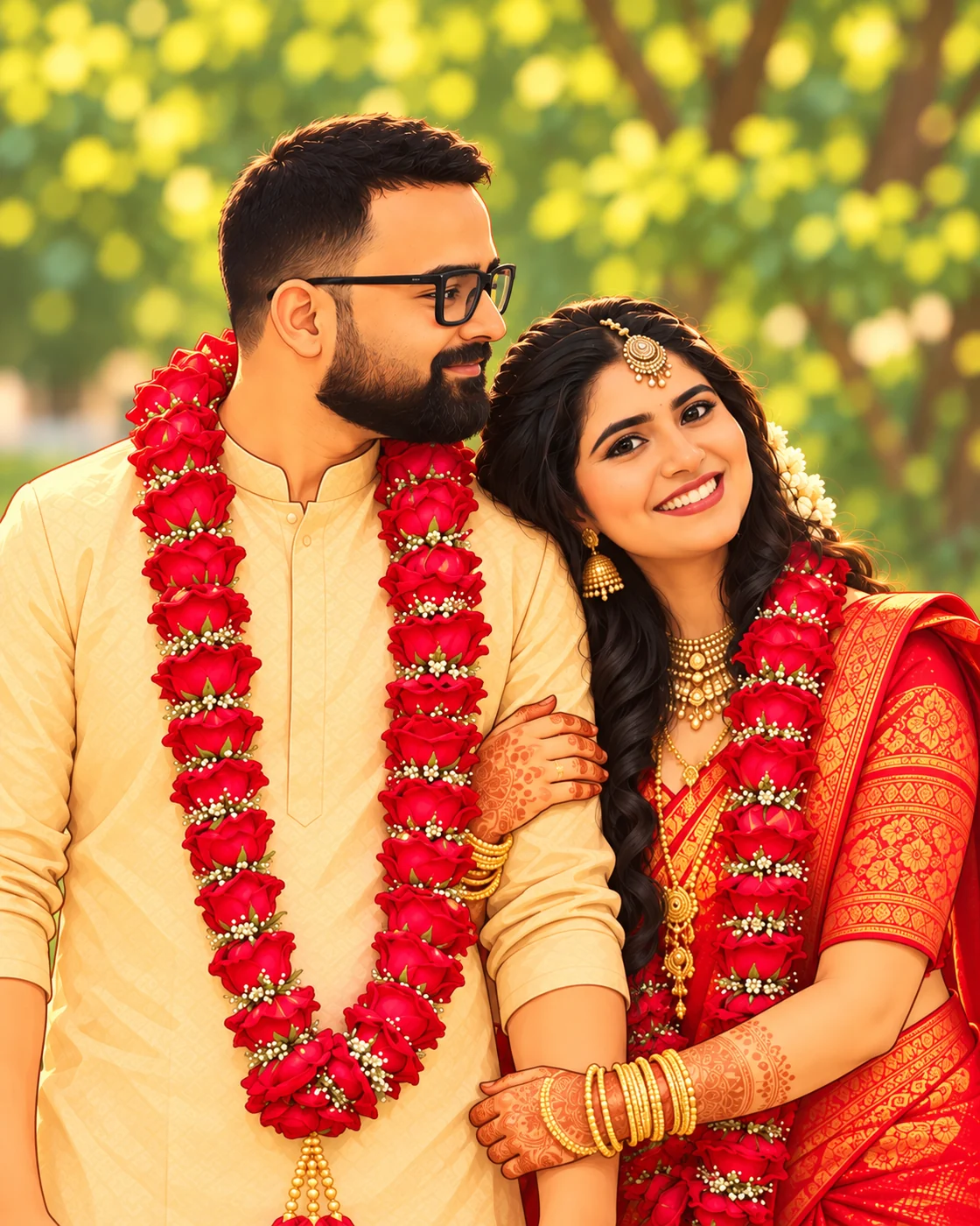 A wedding portrait of the bride and groom wearing floral garlands